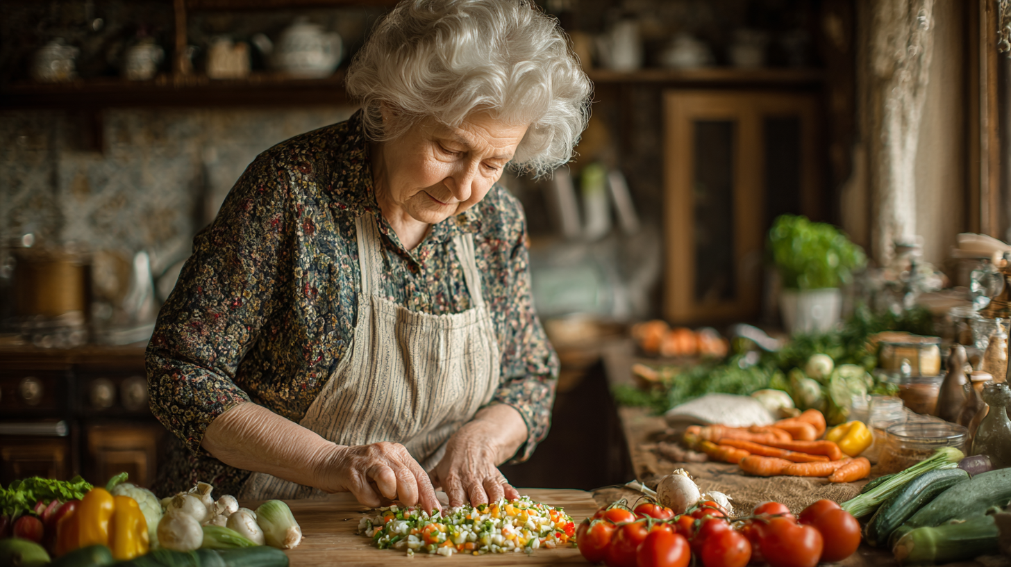 Старші люди готують здорову їжу разом